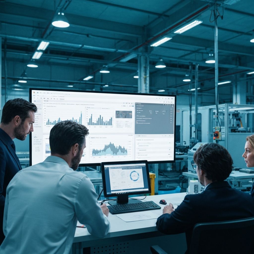 Equipo de gestión analizando KPIs en una planta de manufactura moderna